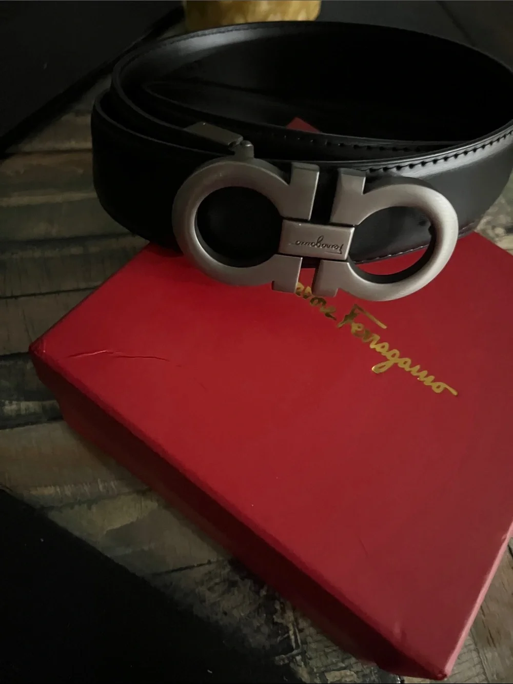 Salvatore Ferragamo Black Leather Belt with Gunmetal Gancini Buckle